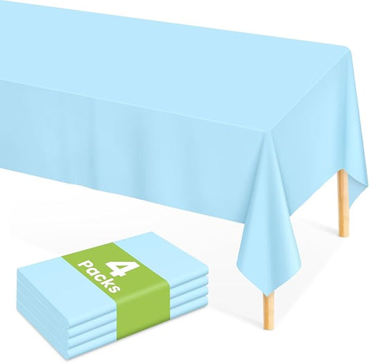 Mulbozy Light Blue Plastic Table Cloth Disposable 4 Pack, 54 × 108 Inch Tablecloths Rectangle, Baby Blue Plastic Table Cover for Party Decor