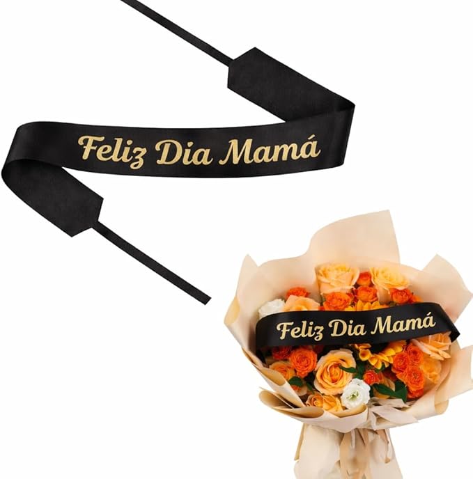 Set of 12 Bouquet Banner Grosgrain Ribbon Tie Wrap Printed Sash Florist Bulk Supply for Floral Arrangements (Black - Feliz Dia Mama)