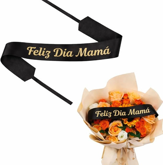 Set of 12 Bouquet Banner Grosgrain Ribbon Tie Wrap Printed Sash Florist Bulk Supply for Floral Arrangements (Black - Feliz Dia Mama)
