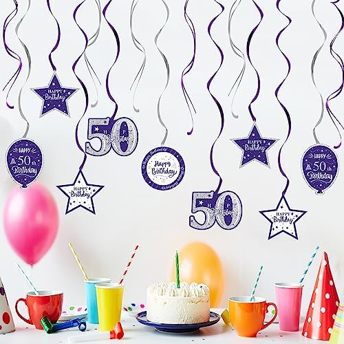 Happy 50th Birthday Purple & Silver Glitter Swirls Streamers Party Decorations - 15 Pcs 50th Birthday Hanging Swirls Streamers Kit,Cheers to Fifty Years Old Bday Party Sign.