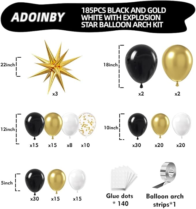Black and Gold Balloon Garland Arch Kit, 185Pcs Explosion Star Black White Metallic Gold Confetti Latex Balloons for Birthday Anniversary Wedding Engagements Baby Shower Party Decorations