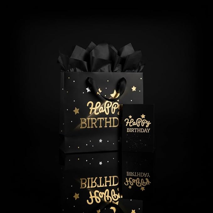 DOUBLESHOOT Black Birthday Gift Bag with Tissue Paper and Greeting Card, Medium Gift Bag 13 x 10.2 x 4.9 inches, Gold Foil Happy Birthday Stars and Dots Design, Gift Wrap Bag for Men, Boys, Dad, Him