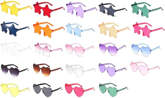 24pc Heart Shaped Sunglasses Set, Rimless Star Shape Sunglasses, Transparent Colorful Frameless Glasses for Party Cosplay