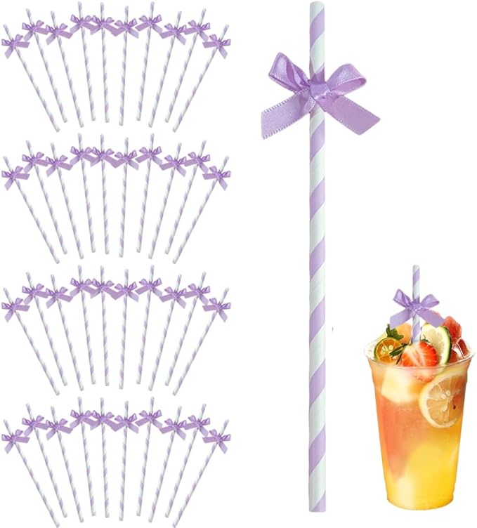 Ouliget Butterfly Stripe Paper Straws,Butterfly Ribbon Decor Disposable Party Drinking Straws, Decoration Supplies Set for Valentine's Day, Brithday, New Year, Party,40 Pieces (Purple)