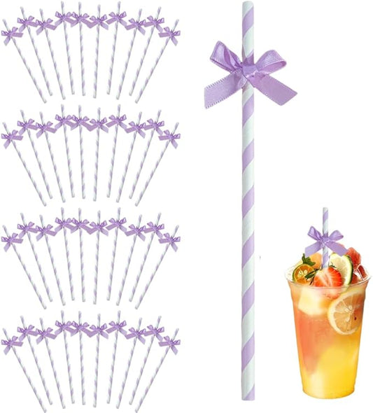 Ouliget Butterfly Stripe Paper Straws,Butterfly Ribbon Decor Disposable Party Drinking Straws, Decoration Supplies Set for Valentine's Day, Brithday, New Year, Party,40 Pieces (Purple)