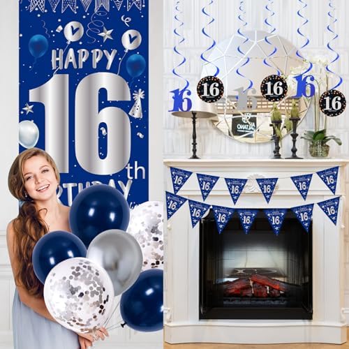 16th Birthday Decorations for Boys, Blue Happy 16th Birthday Decoration Boy