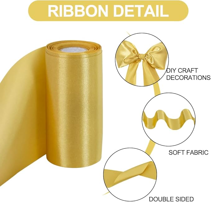 TONIFUL 4 Inch x 11 Yards Wide Gold Satin Ribbon Solid Fabric Large Ribbon for Cutting Ceremony Kit Grand Opening Chair Sash Table Hair Car Bows Sewing Craft Gift Wrapping Wedding Party Decoration