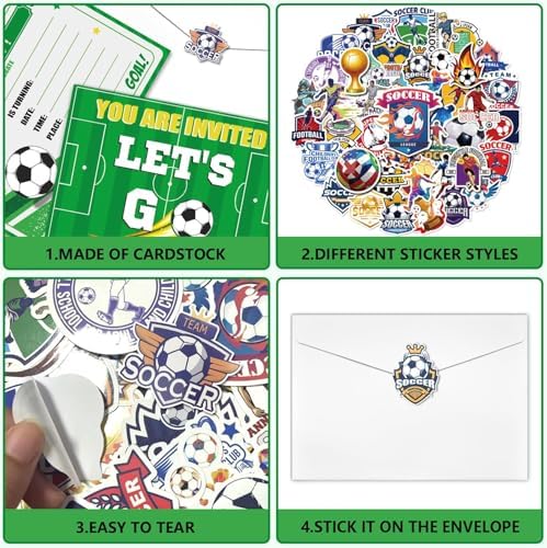 20Pcs Soccer Party Invitations Sets with Envelopes Soccer Favors Birthday Invitation Cards for Boys Kids Fan Sports Event Soccer Party Supplies, 6.7x4.7 Inch