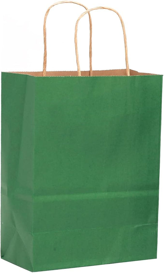qiqee 32-Packs Deep Green Paper Gift Bags with Handles Bulk 8.26"×6"×3.15" Small Size Gift Bags Multiple Uses
