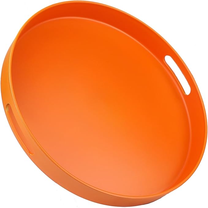 Round Orange Decorative Serving Tray with Handles, 13” Versatile Ottoman Tray for Coffee Table, Entertaining, Outdoor Patio, Living Room