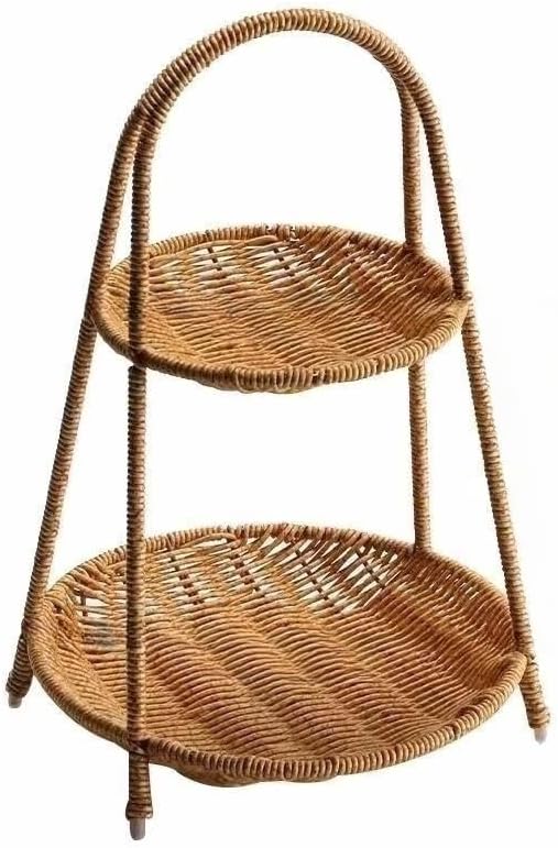 Landtom Two Tiered Rattan Serving Stand | Serving Tray for Party | Round Wooden Platter for Cupcakes, Fruits, Dessert, Tea, Dried Fruit, Candy Or Snack (Type A)