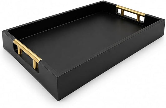 Luxury Black Ottoman Tray with Gold Handles – 12x17 Large Decorative Serving Tray for Coffee Table, Couch, Breakfast in Bed & Home Décor – Modern Wood Display Tray
