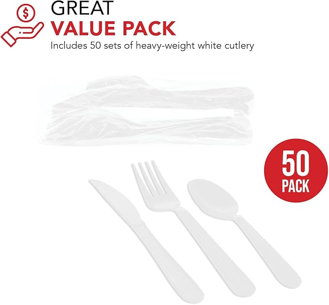Party Essentials Individually Wrapped Heavy Duty Plastic Utensil Kits, 50 Sets for Party Catering, Fork/Spoon/Knife, White