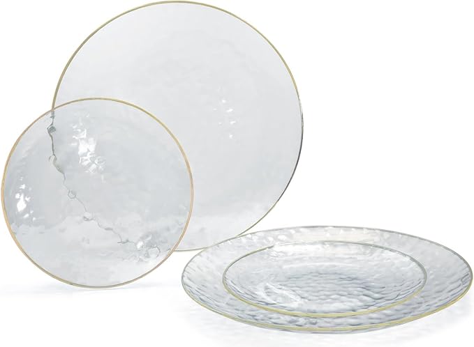 " OCCASIONS " 100 Plates Pack (50 Guests) Wedding Party Disposable Plastic Plate Set -50 x 10'' Dinner + 50 x 7'' Salad/dessert plates (Coastal Clear & Gold)