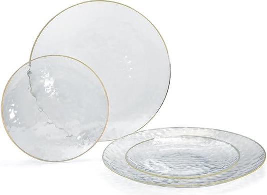" OCCASIONS " 100 Plates Pack (50 Guests) Wedding Party Disposable Plastic Plate Set -50 x 10'' Dinner + 50 x 7'' Salad/dessert plates (Coastal Clear & Gold)