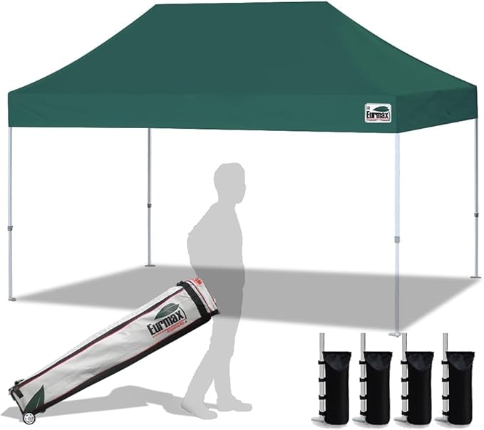 Eurmax USA 10x15ft Pop Up Canopy, Commercial Instant Tent for Outdoor Events, Patented No-Tip Rolling Storage Bag with 4 Sandbags,UV & Water Resistant,Heavy Duty Portable Shelter Gazebo,Forest Green