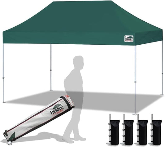 Eurmax USA 10x15ft Pop Up Canopy, Commercial Instant Tent for Outdoor Events, Patented No-Tip Rolling Storage Bag with 4 Sandbags,UV & Water Resistant,Heavy Duty Portable Shelter Gazebo,Forest Green