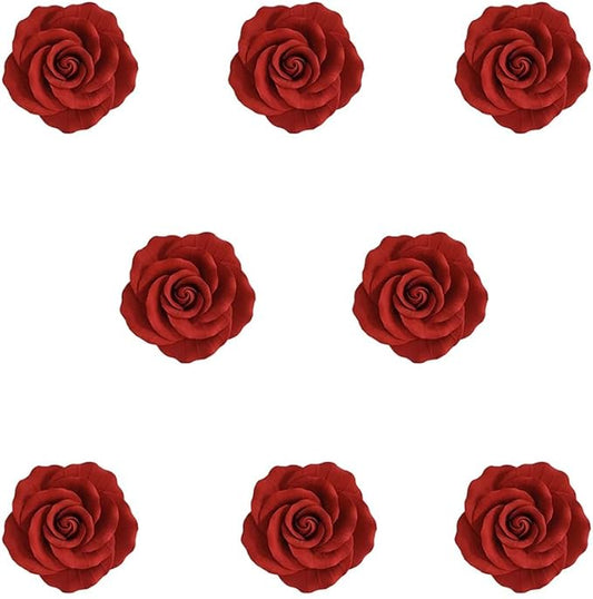 O'Creme Red Garden Roses Gumpaste Flower Set - 2" Edible Flowers for Cake Decorating - Sugar Paste Decorations for Cakes, Cupcake Toppers - Birthday, Wedding, Valentine's Day, Baby Shower - Set of 8