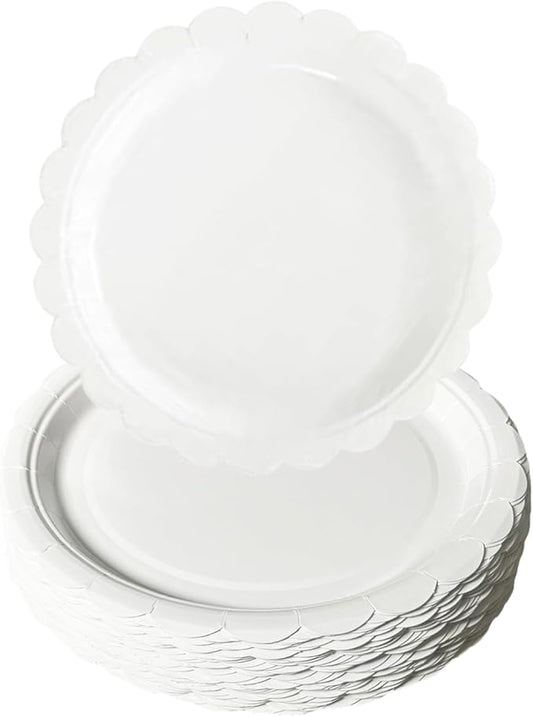 100 Pcs Scalloped Paper Plates, 9 Inch White Paper Plates, Premium Heavy Duty Disposable Dessert Plates for Wedding, Valentine's, Birthdays, Baby Showers, Parties (White, 9 In)