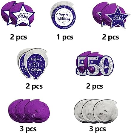 Happy 50th Birthday Purple & Silver Glitter Swirls Streamers Party Decorations - 15 Pcs 50th Birthday Hanging Swirls Streamers Kit,Cheers to Fifty Years Old Bday Party Sign.