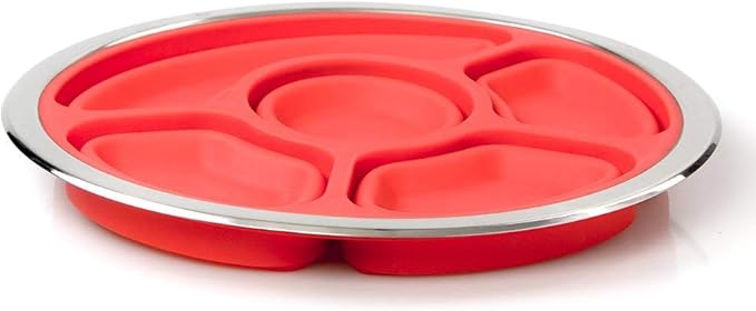 Collapsible 14" Party Serving Platter for Entertaining - Fruit, Veggie, Appetizer Server Tray w Stainless Steel Lid - Easy to Clean & Store, Portable, Dishwasher Safe- Hosting Sunday Football