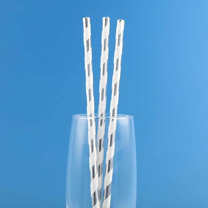 Efavormart 125 Pcs Candy Striped Paper Straws Silver Foil Swirl Straws For Wedding Birthday Party Dance Banquet - White/Silver