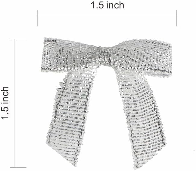 Meseey 100 Pcs 1.5 Inches Pretied Premade Craft Bows with Twist Tie Self Adhesive Satin Ribbon Bows for Treat Bags Gift Wrapping Basket Wedding Baby Shower Brithday Party (Metallic Silver)