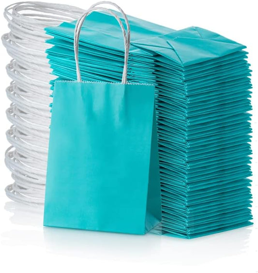 AWELL Mini Size Turquoise Blue Paper Bag with Handle Bulk Party Favor Bag 6x4.5x2.5 inch for Graduation Baby Shower Birthday Christmas Recycled Bag, 50 Counts