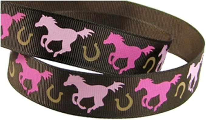 Grosgrain Fabric Ribbon Cowgirl Set for Gift Wrapping, Hair Bows, Crafts - 7/8" Pink Horse Shoe-Brown (10yd-(2x5yd))