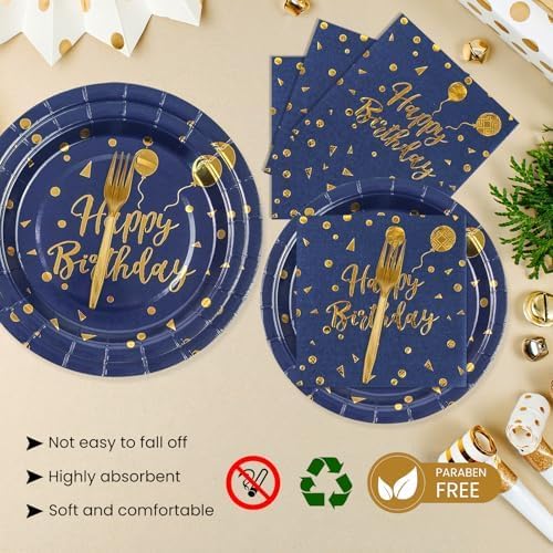 75PCS Happy Birthday Paper Plates&Nakpins Set,Disposable Blue and Gold Dessert Plate Graduation Napkins Forks Paper Tableware for Birthday Graduation Retirement Party Decorations Serve 25