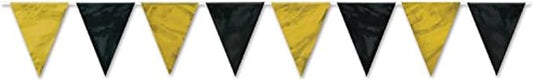 Beistle Black & Gold Pennant Banner – 12-Foot All-Weather Flag Garland with Alternating Triangle Pennants, Indoor or Outdoor Party Decoration for Celebrations, Graduations, or New Year’s Events, 12’ x 11”