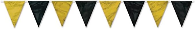 Beistle Black & Gold Pennant Banner – 12-Foot All-Weather Flag Garland with Alternating Triangle Pennants, Indoor or Outdoor Party Decoration for Celebrations, Graduations, or New Year’s Events, 12’ x 11”