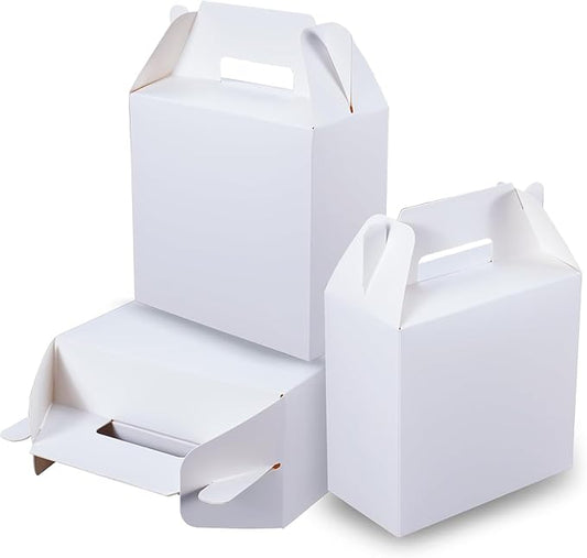 XAGLVV 24 Pack White Party Favor Treat Boxes (7 x 3.5 x 6.6 Inch) Gable Paper Snack Boxes with Handles& Goodie Gift Bags for Kids Birthday, Wedding, Baby Shower.
