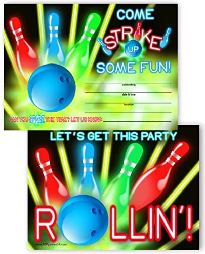 Ink Bowling Party Invitations - 10 Invitations + 10 Envelopes - Bowling Party Supplies - Bowling Party Decorations - red blue green yellow black