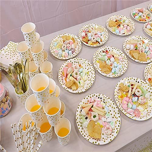 200Pcs Gold Party Supplies - Gold Paper Plates & Napkins Cups Silverware Serves 25 Sets for Wedding Bridal Shower Engagement Birthday Parties (Gold dot)
