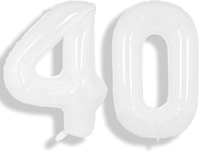 SUWEN 40 Inch White Large 40 Number Balloons Big Foil Helium Number Balloons 0-9 Giant Jumbo Happy 40th Birthday Party Decorations for Men or Women Huge Mylar Anniversary Party Supplies