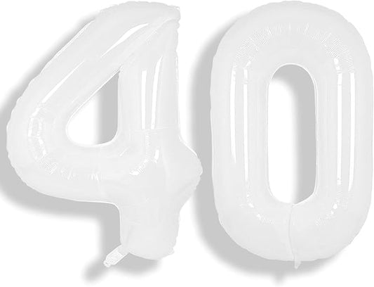 SUWEN 40 Inch White Large 40 Number Balloons Big Foil Helium Number Balloons 0-9 Giant Jumbo Happy 40th Birthday Party Decorations for Men or Women Huge Mylar Anniversary Party Supplies