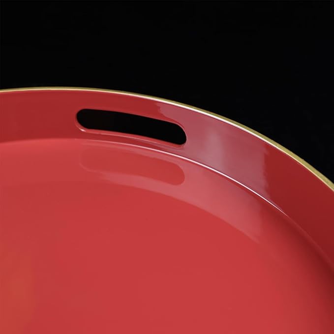 Red Round Decorative Tray with Handles, 13" Elegant Coffee Table Serving Tray for Ottoman Living Room, Bathroom, Outdoors, Breakfast