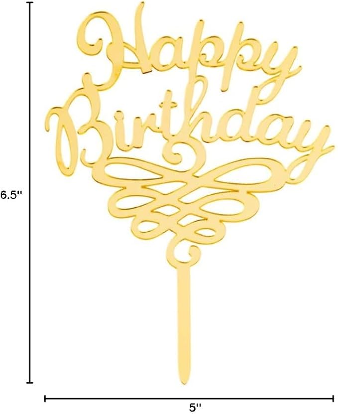Restaurantware-Top Cake Happy Birthday Cake Topper, 1 Mirrored Birthday Cake Decoration - With Swirls, Durable, Gold Acrylic Birthday Topper For Cakes, Party Decoration for Birthday