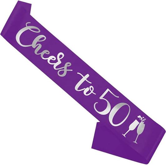 Birthday Sash Purple, 'Cheers To 50' Birthday Sash for Girl Women and Men with Silver Foil Letters for Funny Party Favor Supplies 50 Purple Silver