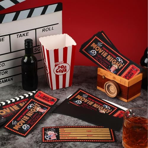 Woanger 50 Pieces Movie Party Invitations with Envelopes Movies Night Invitations 25 Film Tickets 25 Envelopes for Birthday Baby Shower Film Night Red Carpet Party(Movie)