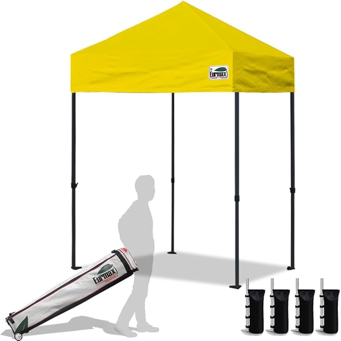 Eurmax USA 5x5ft Pop Up Canopy, Commercial Instant Tent for Outdoor Events, Patented No-Tip Rolling Storage Bag with 4 Sandbags, UV & Water Resistant, Heavy Duty Portable Shelter Gazebo,Yellow