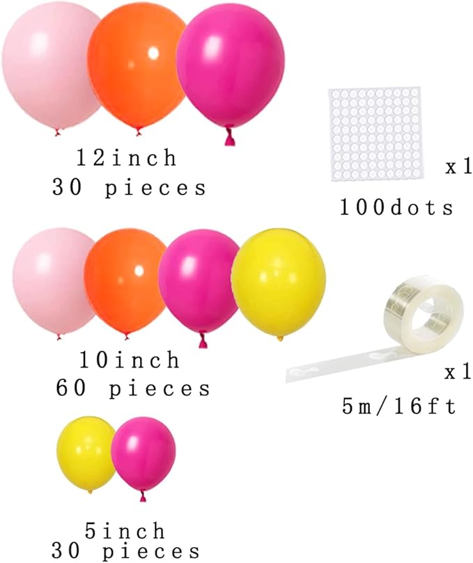 Hot Pink Orange Balloon Arch Kit - 122pcs, Pink Orange Balloons, Arch Strip Tape, Glue, Holder Tool - Princess Cartoon Theme, Unisex Adults, General Celebration, All Ages