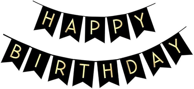 Fecedy Black Happy Birthday Bunting Banner with Shiny Gold Letters Pre-Strung No DIY for Birthday Party Decorations (Black)