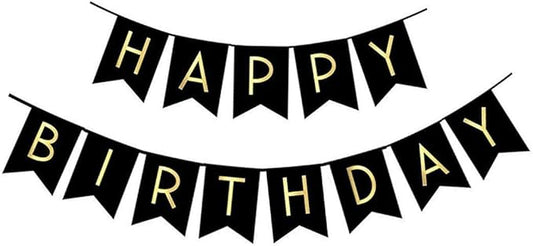 Fecedy Black Happy Birthday Bunting Banner with Shiny Gold Letters Pre-Strung No DIY for Birthday Party Decorations (Black)