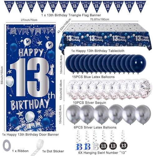 13th Birthday Decorations for Boys Girls, Blue Silver 13th Party Decor Set