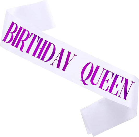 Birthday Queen Sash, Purple Foil White Birthday Sash for Women 21st 30th 40th 50th 60th 70th Fun Birthday Party Favors Gifts Decorations