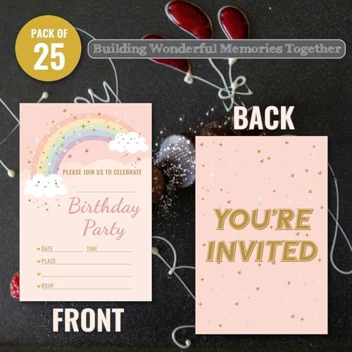 Pink Gold Rainbow Cloud Star Birthday Party Invitations