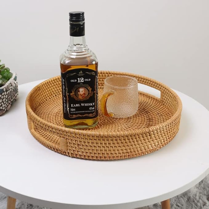 Coffee Table Tray Round Rattan Ottoman Tray Woven Serving Trays with Handles for Home and Kitchen Decorative Natural (Large 16.9 inch)