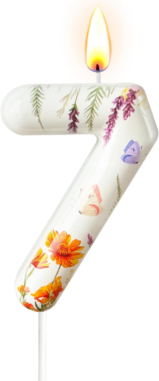 Number 7 Birthday Candle for Cake – Floral Botanical Design with Butterfly Detail – Elegant Cake Topper for Birthday, Garden Party Decoration